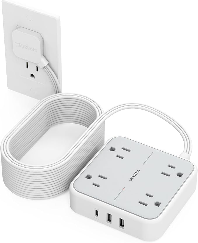 TESSAN Surge Protector Flat Extension Cord 25Ft, Flat Plug Power Strip with 4 Outlets 3 USB Ports (1 USB C), 900 Joules Protection, Multiple Wall Outlet Extender Suitable for Home Office Dorm, Grey
