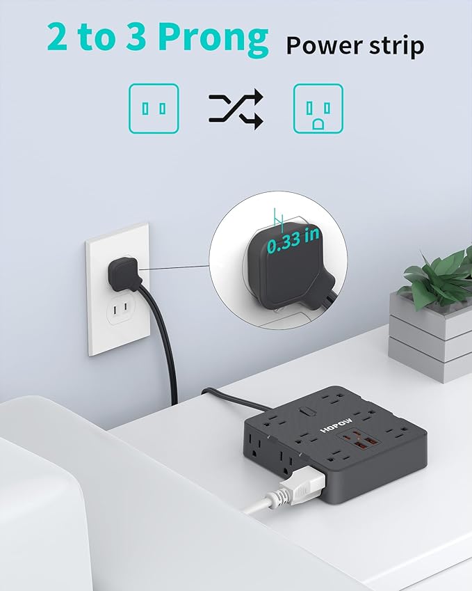 HOPOW 2 Prong Power Strip, 2 Prong to 3 Prong Outlet Adapter with 12 AC & 4 USB(2 USB-C), 1700J Two Prong Surge Protector, 6FT Extension Cord, Wall Mountable, Ideal for Old House Non-Grounded Outlets