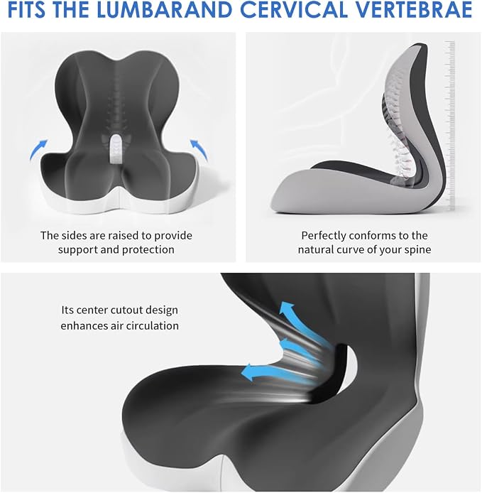 Breathable Ergonomic Memory Foam Seat Cushion & Lumbar Support Pillow, X-Large L-Shaped Coccyx Cushion with Tailbone Hollow, Pain Relief Pad, Ideal for Office Chair, Car, Gaming Chair & Wheelchair
