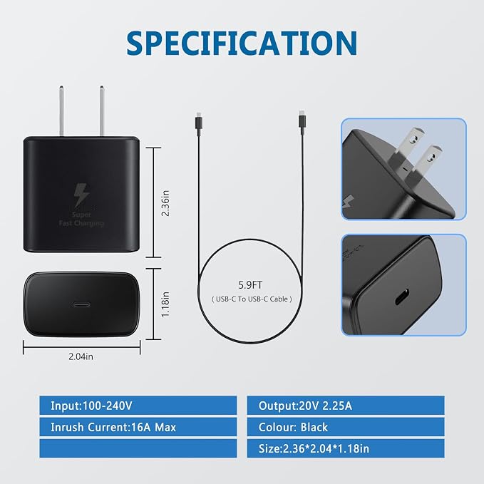 45W USB-C Charger, Super Fast Charger Type C for Sam Sung Galaxy S24 Ultra/S24/S24+/S23 Ultra/S22+/S22 Ultra/S23/S23+/S22 with 5.9FT Cable 2 Pack Chargers