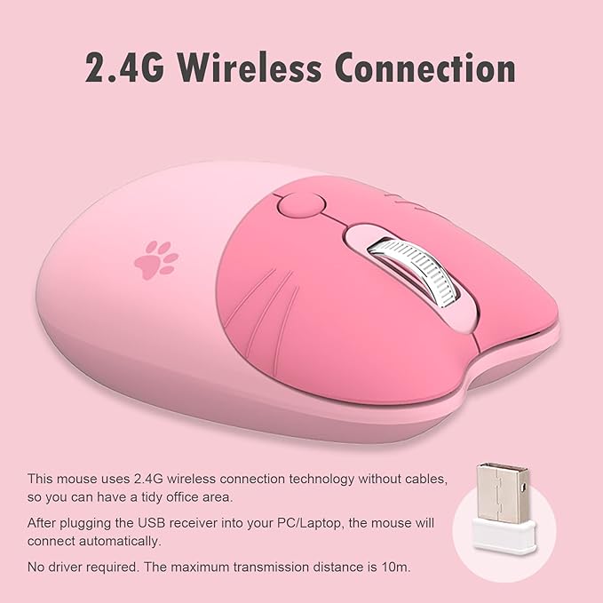 Lomiluskr Cute Cat Wireless Mouse, Lightweight Soundless Mice, 2.4G Wireless Mice, Candy Colors, Kawaii Mouse for Girls and Kids (Pink)