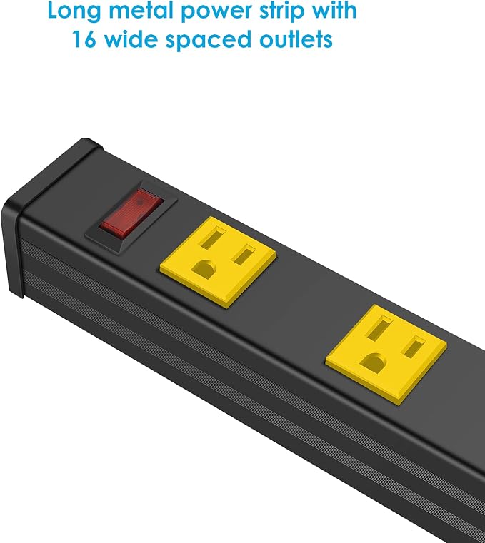 JUNNUJ Long Metal 16 Outlet Wide Spaced Garage Industrial Heavy Duty Power Strip with 4 FT Cord 15A, 125V, 1875W. Yellow
