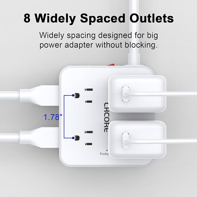 10Ft Surge Protector Power Strip - CHCORE Flat Plug Extension Cord with 8 Outlets and 4 USB Ports(2 USB C), 3 Side Wall Mount Outlet Extender for Home Dorm Room Essentials, ETL Listed, White