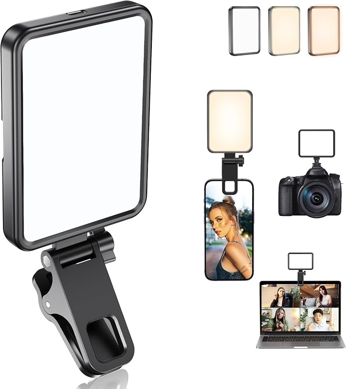 Rechargeable Soft Selfie Light for Phone, Camera, Laptop, 4-14H Battery Portable LED Light for Pictures, Phone Light Clip for Selfie, Vlog, TikTok, Makeup, Video Conference Black