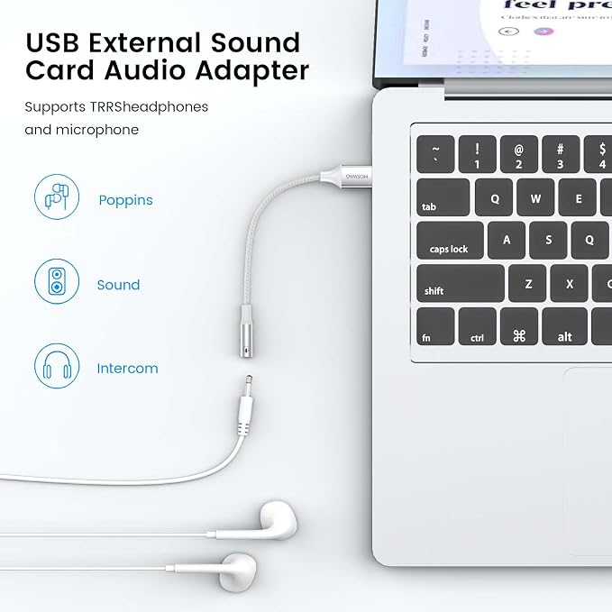 MOSWAG USB to 3.5mm Jack Audio Adapter,USB to Aux Cable with TRRS 4-Pole Mic-Supported Computer Headphone Microphone AUX Adapter External Sound Card for Laptop PC PS4 PS5 (0.65Feet/20cm, White)