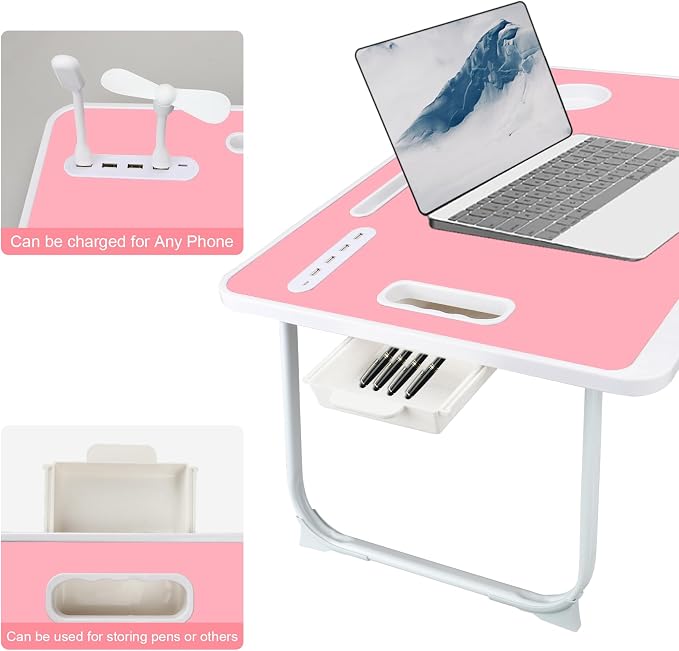 Laptop Bed Table, Laptop Desk for Bed, Foldable Laptop Bed Desk with USB Charge Port, Handle, Desktop Card Slot, Cup Slot, Side Drawer, Portable Laptop Table for Bed Eating Reading Working