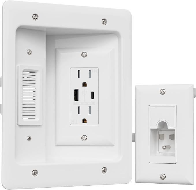 TV Cord Hider for Wall Mounted TV, in-Wall Cable Management Kit, Outlet Box– Dual Outlet Cord Hider with TypeC/USB Power Port & Low Voltage Support, Includes Drywall Saw, Template & Extension Cable