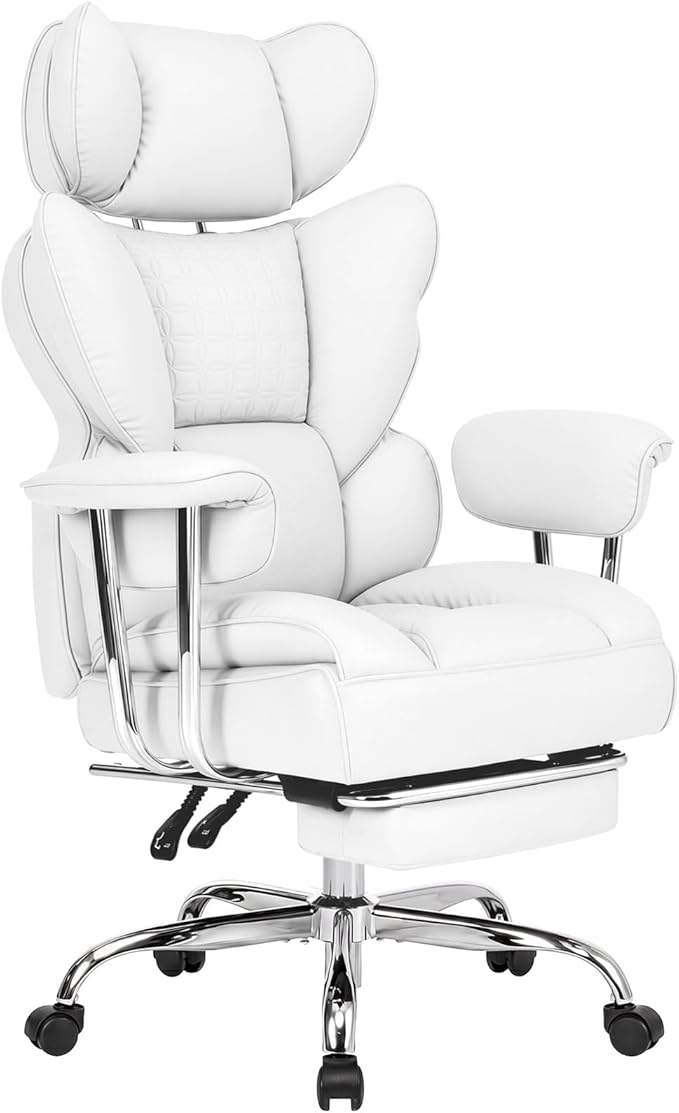 DUMOS Big and Tall Office Chair 350 LBS, Scratch-Resistant PU Leather Executive Office Desk Chair with Footrest, Ergonomic Reclining Computer Chair with Pocket Spring Support for Home Office, White