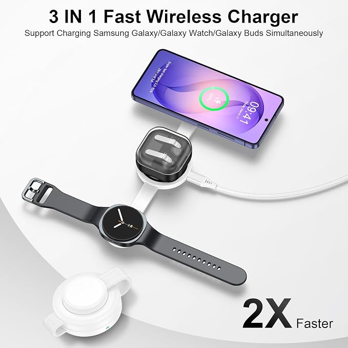 Galaxy S26 3 in 1 Wireless Charger Station, Foldable Fast Charging Pad for Samsung S25 Ultra S24, Wire Less Charging Galaxy Watch8/7 Buds4, Travel Charger for Samsung Multi Devices Cargador Inalmbrico