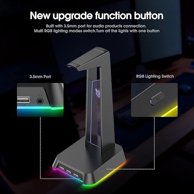 PHNIXGAM RGB Headphone Stand with 3.5mm AUX and 3 Port USB 2.0 Hub, Universal Gaming Headset Hanger Holder for Computer Gaming Gamer Accessories (Black)