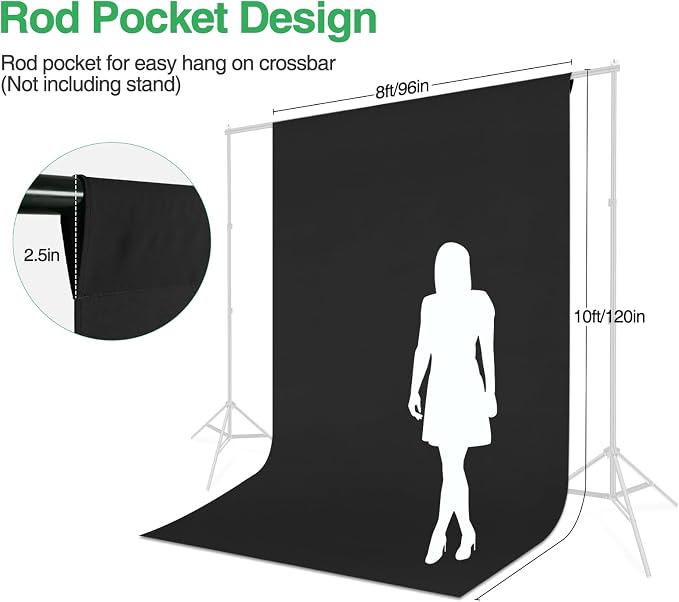 Black Backdrop Curtain 8x10ft (WxH), Black Photo Backdrop for Photography Polyester Collapsible Background Screen for Portrait, Product Video, Pet, Photoshoot, Birthday, Party