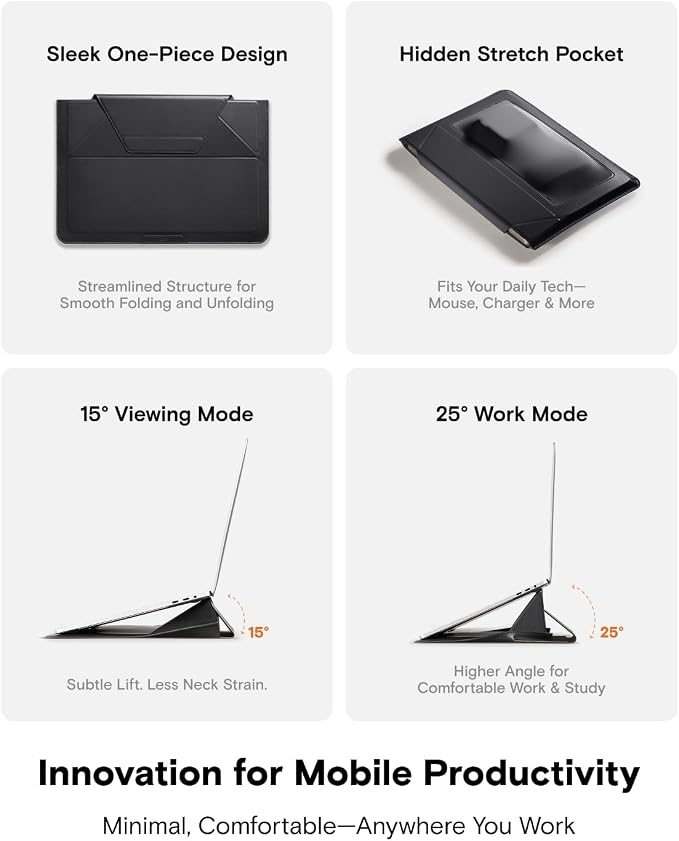 MOFT Laptop Carry Sleeve, 2-in-1 Laptop Bag & Stand for 16" MacBook Air/Pro & Dell/HP/Lenovo/Asus, Stylish Slim Computer Sleeve Bag with Expandable Storage for Computer Accessories, Night Black