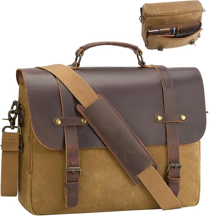 Mens Messenger Bag Waxed Canvas Laptop Briefcase 16“ Vintage Genuine Leather Crossbody Bags Waterproof Satchel Shoulder Bag