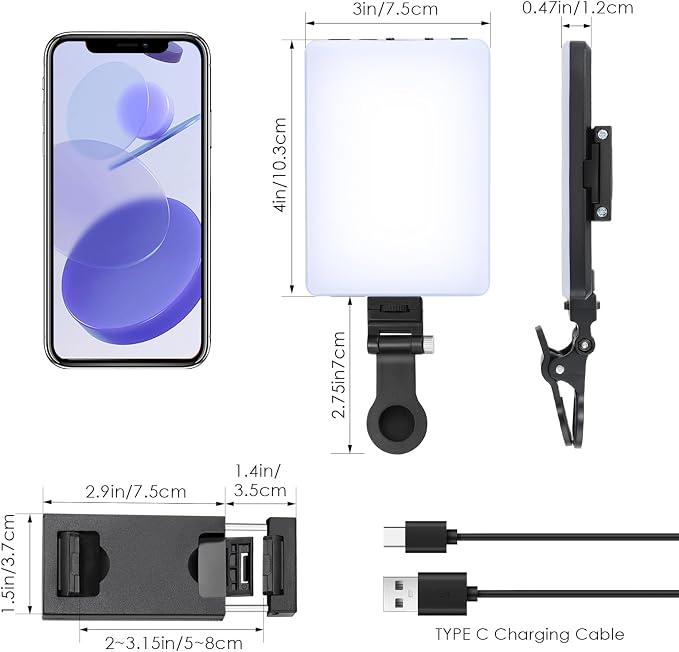 Selfie Light Portable Phone Light, Eagerey 60 LED Rechargeable Fill Lights with Front & Back Clip, CRI 95, 3 Modes, Clip on Lights for TikTok Tablet/Laptop, iPad, Conference Vlog Video