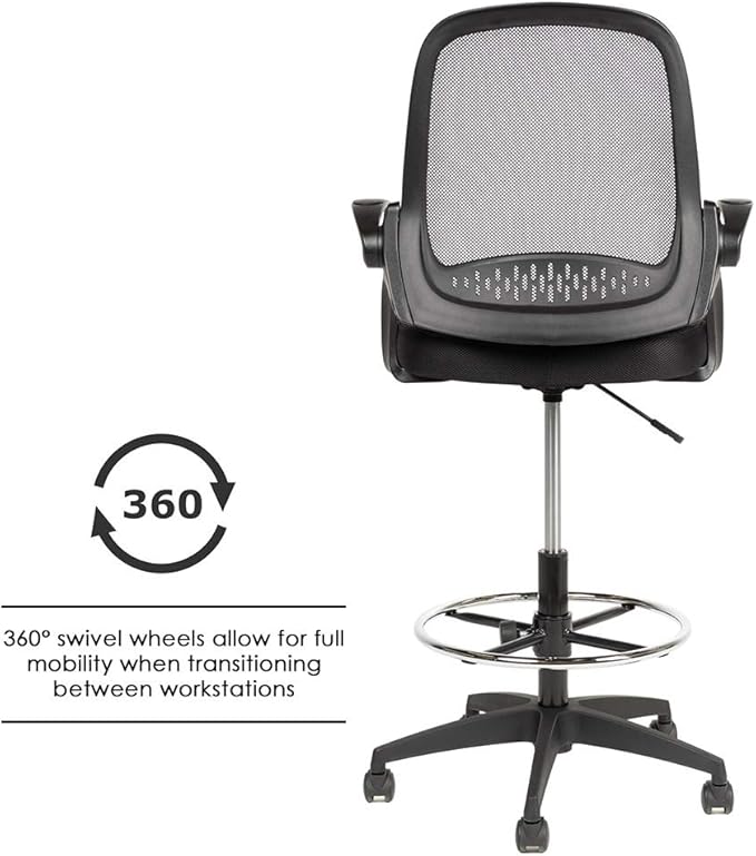 BestOffice Drafting Chair Tall Office Chair Standing Desk Chair Mesh Computer Chair Adjustable Height with Lumbar Support Flip Up Arms Swivel Rolling Executive Chair,Black