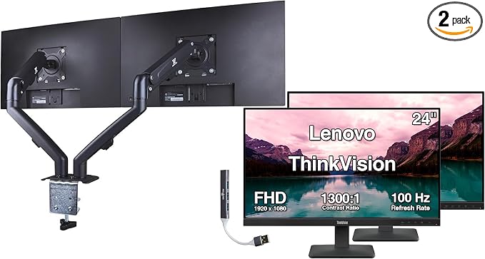 Lenovo ThinkVision 24" FHD IPS Monitor w/ 4ms Response Time, 100 Hz Refresh Rate, VESA Mount (100mm), Flicker Free, HDMI, Black 2 Pack w/DKZ Hub & ErgoFlexy Dual Mount Arm