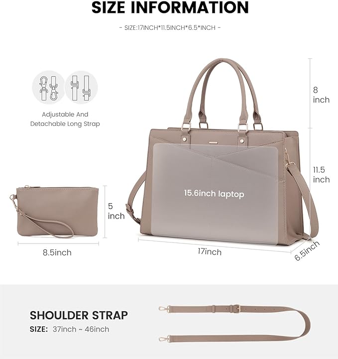 LOVEVOOK Laptop Tote Bag for Women, Leather Business Office Work Bag Computer Briefcase with Small Clutch fit for 15.6 Inch Laptop,Light Khaki