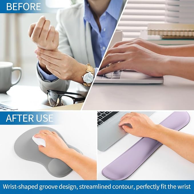 RICHEN Wrist Rest Support for Mouse Pad&Keyboard Set with Coaster,Concave Curved Memory Foam, Non-Slip Base Pain Relief Comfortable Easy Typing Pad for Home/Office (Light Gray)