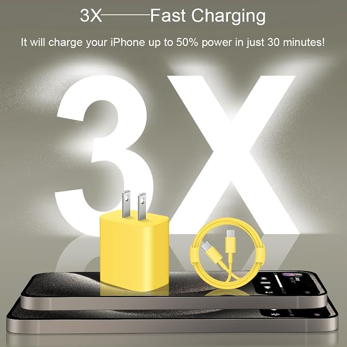 iPhone 17 16 15 Charger Fast Charging 3+3Pack 20W USB C Wall Charger with 10FT Fast Charging Cable Compatible with iPhone 17/17 Air/17 Pro/17 Pro Max/iPhone 16/15 Series, iPad Pro/AirPods -Yellow