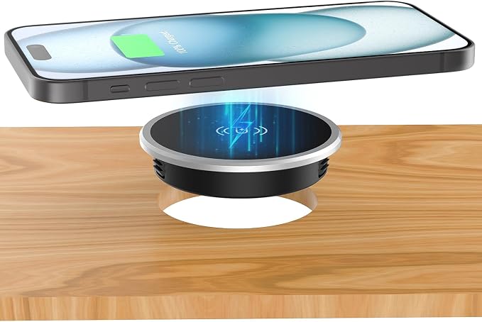 Wireless Magnetic Charger Desk Mount 15W Fast Charger for iPhone 17 16 Pro Max 15 14 13 12 Series,Magnet Qi Charging Pad/Station for AirPods,Recessed Hidden Under Desktop Hole Save Nightstand Space