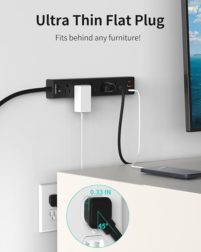 HOPOW Flat Plug Power Strip, 2 Pack, 6 Ft Ultra Thin Flat Extension Cord, Surge Protector with 5 Outlets & 3 USB Ports (2 USB C Slots), 1700 Joules, 3-Prong, Wall Mount for Home Office Dorm, Black