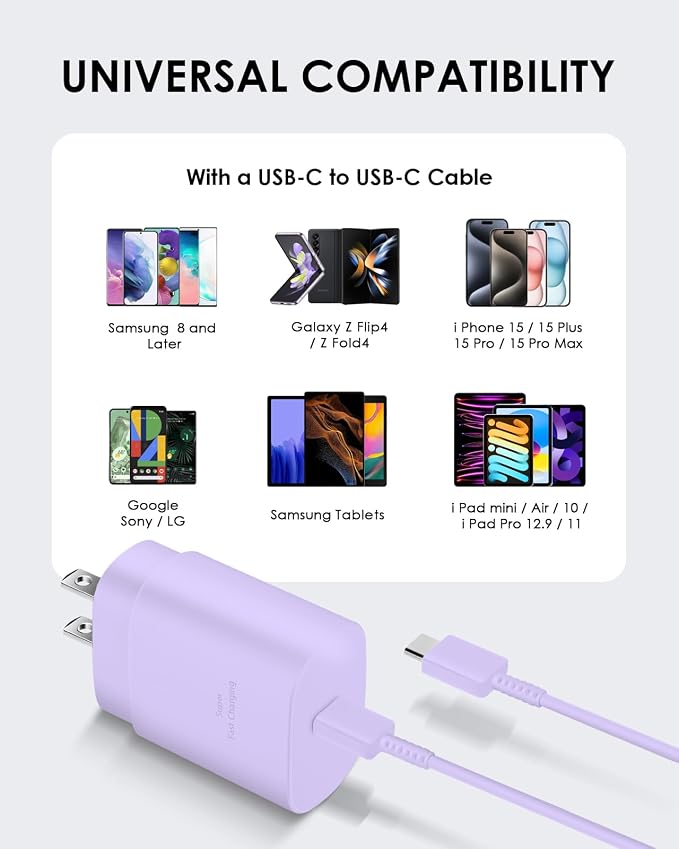 AISNI USB C Charger, 2 Pack 25W Type C Charger Fast Charging with USBC Chargers Cable 6 FT Android Phone Charge for Galaxy S25/ /S24/S23+/S22/S21/S20/Phone 17 16 15 Pro Max 16 15 Plus-Purple