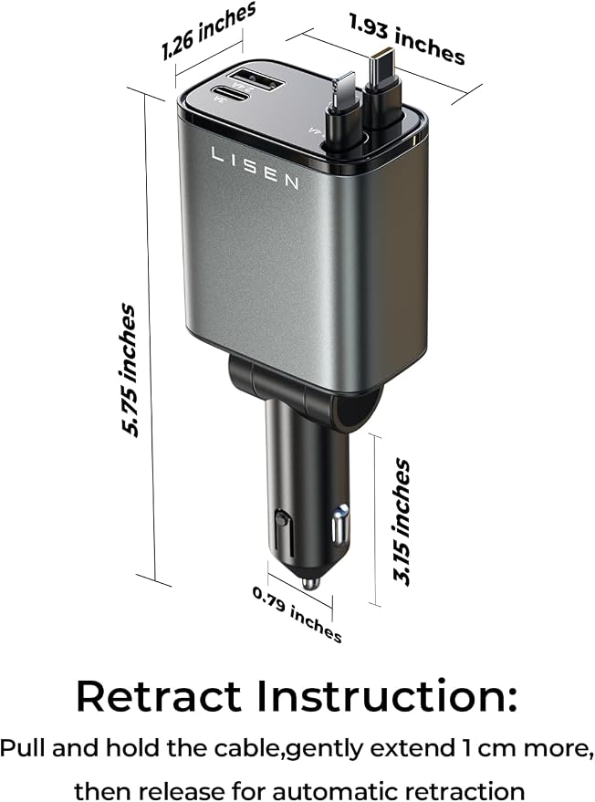 LISEN Retractable Car Charger, 84W Car Charger USB C Fast Charger Adapter for iPhone, Car Accessories for Men Women, Birthday Gifts for Fathers Day for Men Dad Husband, for iPhone 17 16 15 14 13 12 11