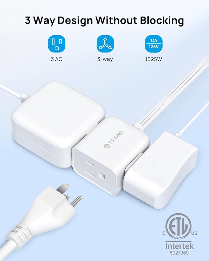 TROND Flat Extension Cord 6 Feet - Right Angled Flat Plug Power Strip, ETL Listed, 3 Plug Extension Outlets, Three Prong, SPT 16/3 Gauge, 13A, Small for Indoor Home Office Cruise Ship Travel, White