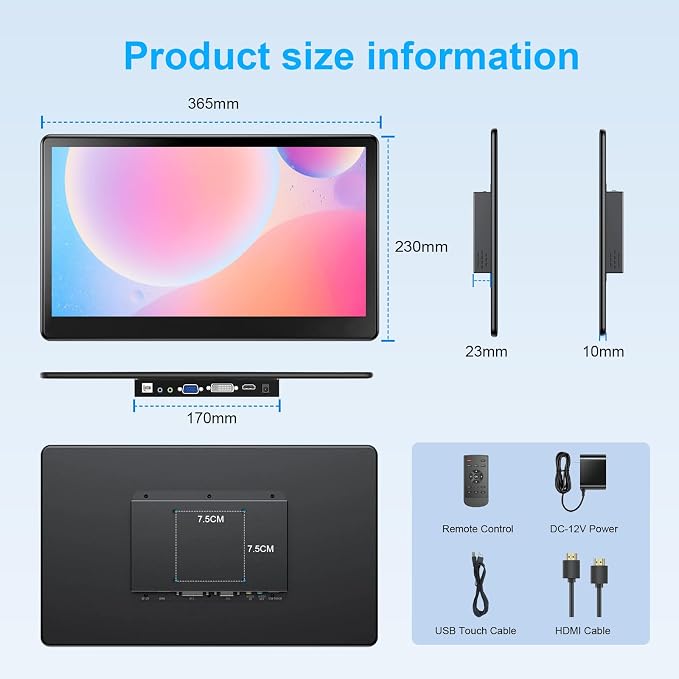 15.6" Touchscreen Monitor - HDR 1080P IPS with VGA DVI HDMI VESA Dual-Speaker,10-Point Industrial Touch screen Monitor with Remote Control for PC,Laptop,RPi,POS,Kiosk,Home,Industrial(dark black)