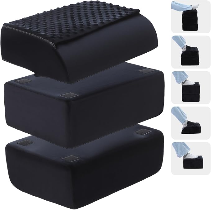 Novabright Foot Rest Under Desk, 3 Height Adjustable Ergonomic Foot Stool with Gel Textured Top and Cozy Pocket, Non-Slip Foam Footrest for Office Home Car(15" X 11" X 14.4",Cambered,Black)