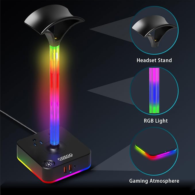 cozoo RGB Headphone Stand with Charger 3 USB Ports and 2 AC Outlets,2 USB-A 1 Type C,Desk Gaming Headset Holder with 9 Light Modes,PC Gaming Desk Accessories,Gamer Gifts,RGB Gaming Stuff Headset Stand