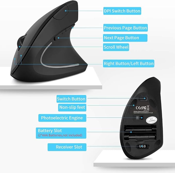 ASOYIOL Ergonomic Mouse Wireless,Rechargeable Vertical Mouse with USB Receiver,6 Buttons 800/1200/1600 Computer Mouse for Laptop PC(Right Hand,Black)