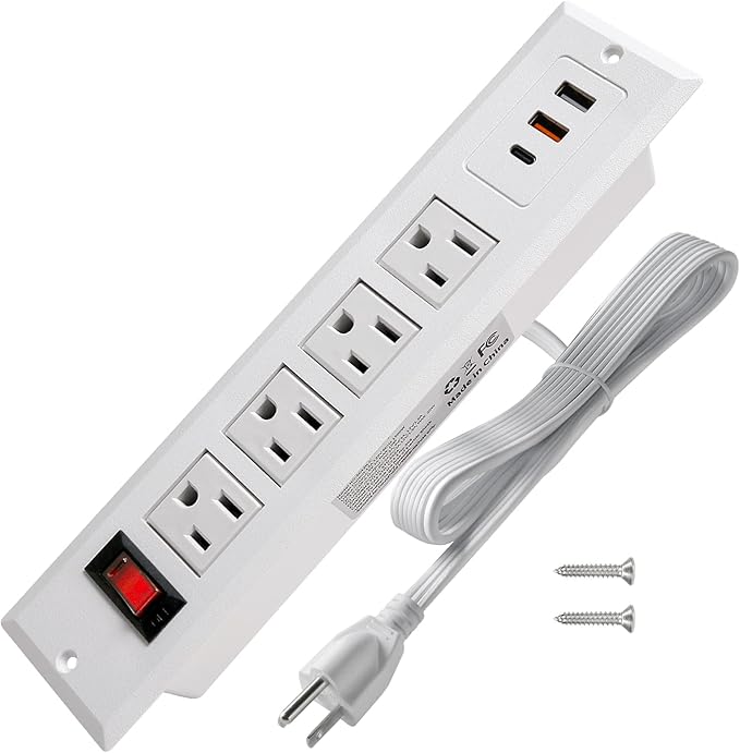 20W Mountable Power Strip USB C Recessed Power Strip USB-C Fast Charge 4 Outlet 3 USB Multiple Protection Built in Conference Desk Counter Workbench for PC Home Electric Appliance White