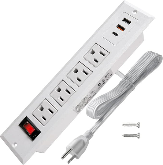 20W Mountable Power Strip USB C Recessed Power Strip USB-C Fast Charge 4 Outlet 3 USB Multiple Protection Built in Conference Desk Counter Workbench for PC Home Electric Appliance White