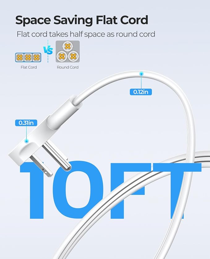 Flat Extension Cord 10 ft, ORICO Round Power Strip with 3 USB Ports and 3 Outlets, Long Extension Cord Flat Plug Outlet Extender, Cruise Power Strip Cruise Approved Travel Essential - White