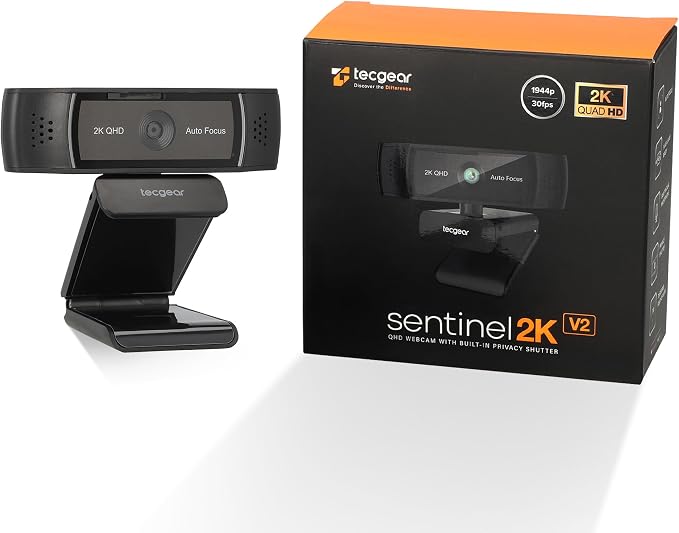 Sentinel 2K Webcam for PC with Microphone, Touch Control, Autofocus, Privacy Shutter & 360° Adjustable | Camera for Computer, Laptop & Mac | USB Video Streaming for Zoom/Skype/Google Meet/Team