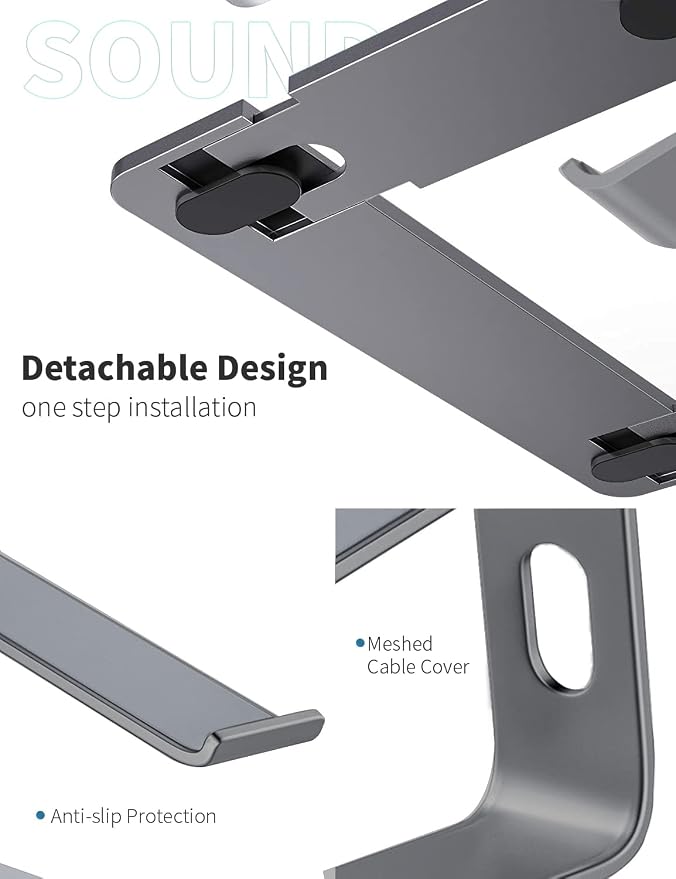 SOUNDANCE Laptop Stand, Aluminum Computer Riser, Ergonomic Laptops Elevator for Desk, Metal Holder Compatible with 10 to 15.6 Inches Notebook Computer, Black