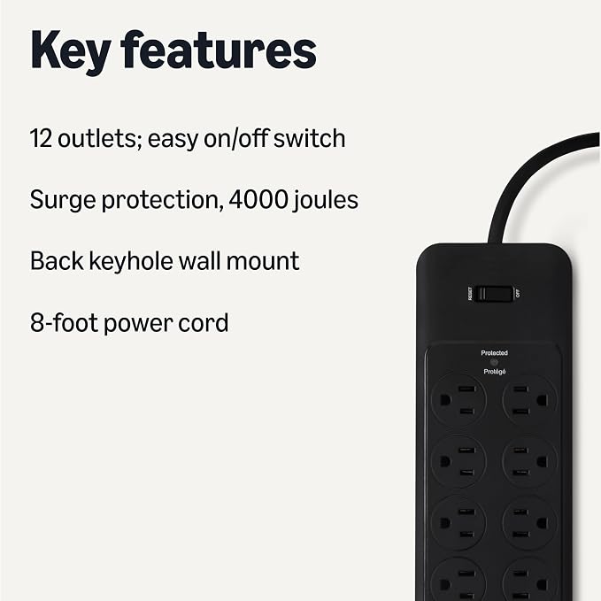 Amazon Basics 12-Outlet Surge Protector Power Strip, 4000 Joules, 8ft Extension Cord, Rectangle, for Home, Office, Gaming Room, Black