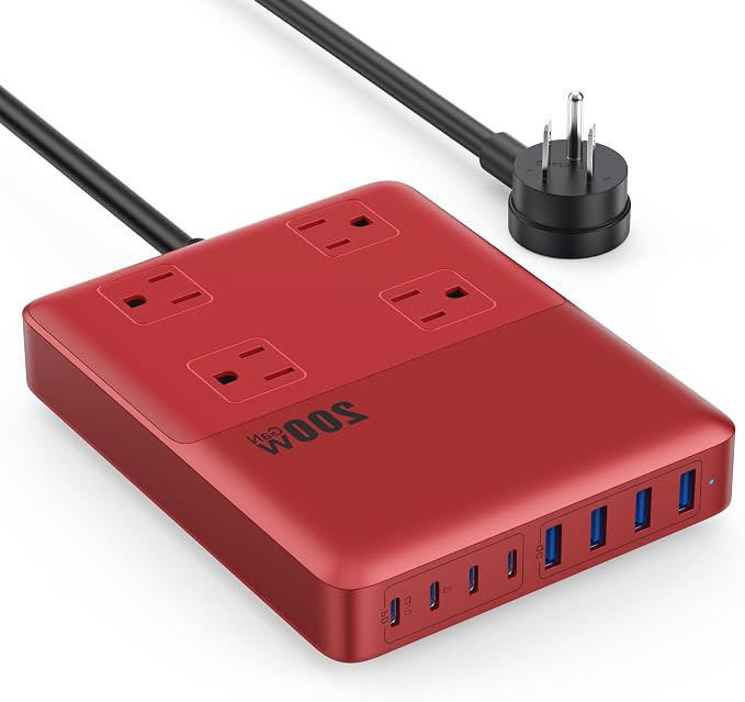 12-in-1 Charging Station USB C Power Strip with 5ft Cord,200W GaN IV USB C Charger Block,4 AC Outlets,8 USB for MacBook,iPhone 16/15/14,Fast Charging Desktop Charger for Office (Red)