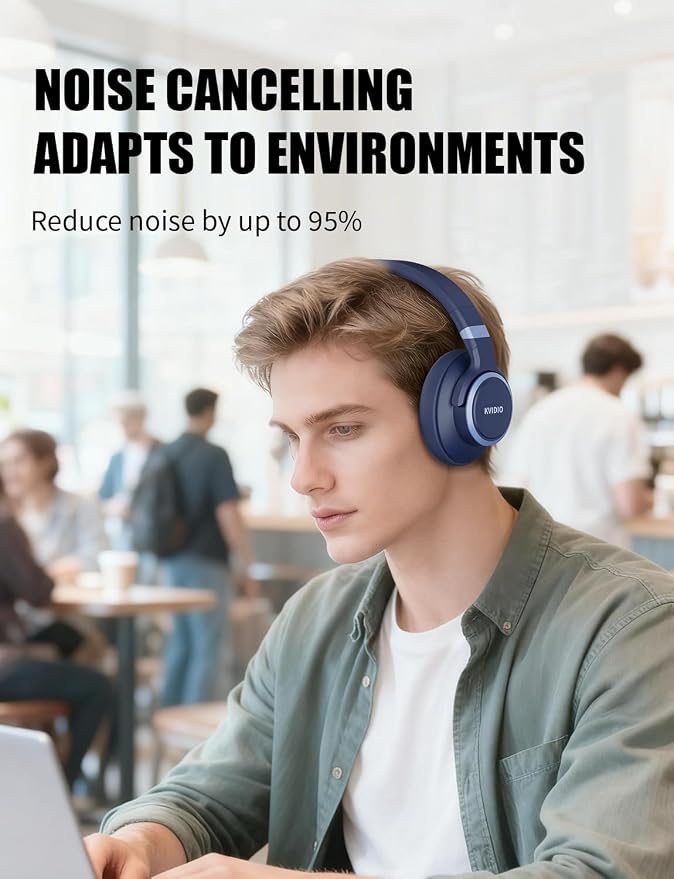 KVIDIO Active Noise Cancelling Headphones, 70 Hours Playtime Bluetooth Headphones with Microphone, Transparency Mode, Deep Bass and Hi-Fi Stereo Sound (Blue)