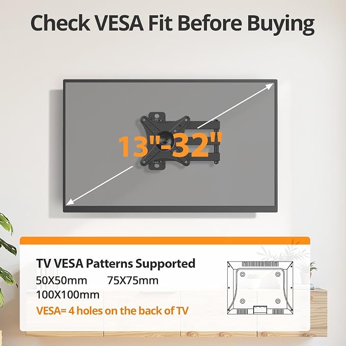 IWORKBOARD Full Motion TV Monitor Wall Mount Bracket for Most 13-32 Inch LED LCD Flat Curved Screen, Max VESA 100x100mm up to 33lbs, 360° Rotation Swivel Tilt Extension，Adjustable Articulating Arms