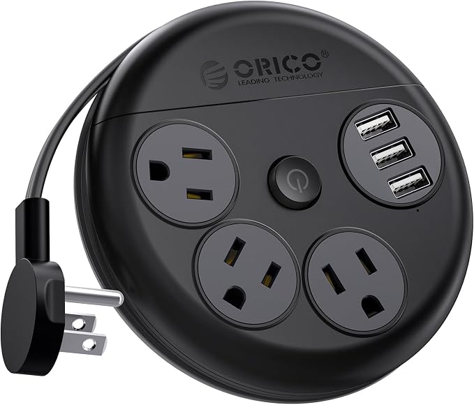 ORICO Travel Power Strip with USB Ports, 4 ft Flat Extension Cord 3 Outlets 3 USB Ports, Portable Flat Plug Outlet Extender for Travel, Cruise Approved - Black