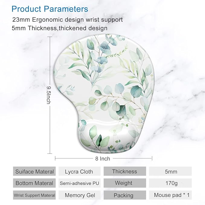 ITNRSIIET Ergonomic Mouse Pad with Gel Wrist Support Wrist Rest Smooth Surface Non-Slip PU Base Comfortable Office Supplies Pain Relief, 9.5 x 8 inches, Leaves and Branches