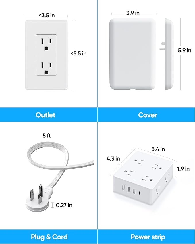 Flat Extension Cord with Outlet Cover, Olcorife Flat Plug Power Strip with 8 Outlets and 4 USB Ports, 2000 Joules Surge Protector, 3 FT Cord Hidden Outlet Extender for Tight Spaces