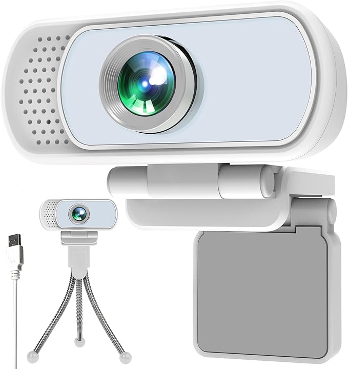 XPCAM Full HD 1080P White Webcam with Privacy Shutter and Tripod, Pro Streaming Web Camera with Microphone, Widescreen USB Computer Camera for Laptop Desktop Mac