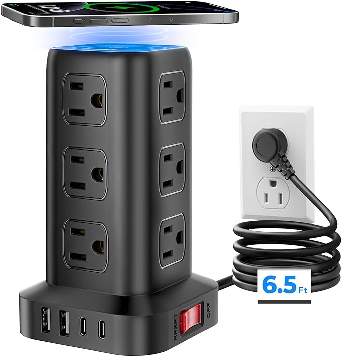 Tower Surge Protector Power Strip with 12 Outlets 4 USB (1 USB C), 6.5Feet Extension Cord with Multiple Outlets, Charging Station, Power Strip Tower, Office Desk Supplies