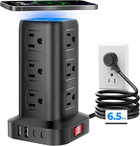Tower Surge Protector Power Strip with 12 Outlets 4 USB (1 USB C), 6.5Feet Extension Cord with Multiple Outlets, Charging Station, Power Strip Tower, Office Desk Supplies