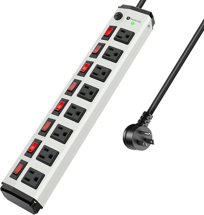 8 Outlet Metal Power Strip with Individual Switches,Heavy Duty Appliance Power Strip with Flat Plug,1200J Surge Protector,10FT Extension Cord,15A 120V 1800W,Home Office School Shop Industrial