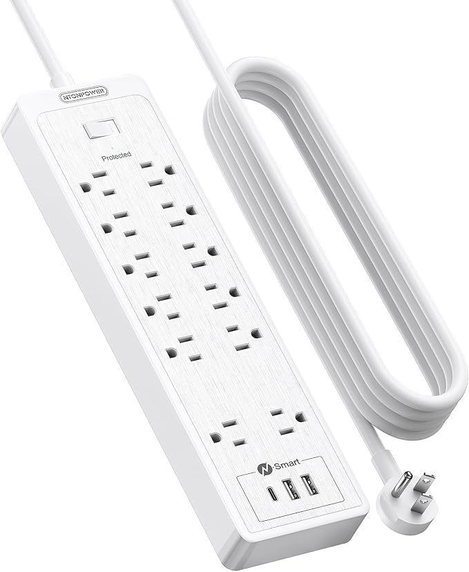 15 ft Extension Cord Flat Plug Power Strip, NTONPOWER 2100 Joules with 12 Outlet 3 USB Port, 1875W/15A, Overload Protection, Long Cord Wall Mountable for Home Office Accessories, White