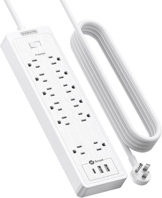 15 ft Extension Cord Flat Plug Power Strip, NTONPOWER 2100 Joules with 12 Outlet 3 USB Port, 1875W/15A, Overload Protection, Long Cord Wall Mountable for Home Office Accessories, White
